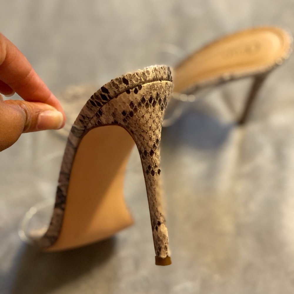 Snake print mule heels with clear straps